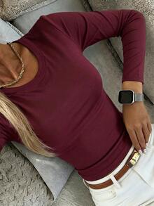 DAZY 女款純色圓領長袖休閒保暖內裡T恤 - 酒紅色 - 查看 2