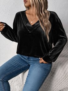 EMERY ROSE بلوزة رياضية فضفاضة كاجوال للنساء بمقاسات كبيرة، رمادية اللون، بياقة على شكل حرف V، بتصميم مضلع عريض، للخريف/الشتاء - الأسود - مشاهدة 6