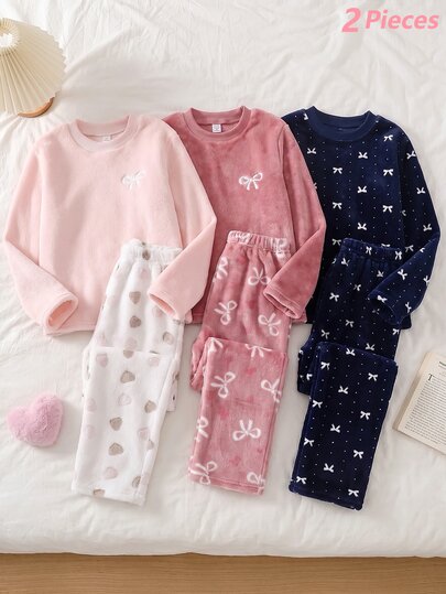Teen Girls Gentle Sweet Style Navy Blue All-Over Print White Bow Design Double-Sided Flannel Soft Skin-Friendly Fabric Loose Drop Shoulder Long Sleeve Straight Leg Pants Casual Fit Autumn/Winter Fleece Lined Thickened Warm Pajama Set Loungewear