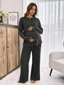 Slowluna 孕婦純色圓領長袖T恤與長褲休閒哺乳兩件套 - 深灰色 - 查看 5