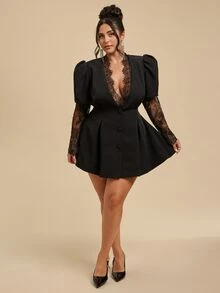 SHEIN BAE CURVE بليزر أنيق للنساء بمقاسات كبيرة مع أزرار ودانتيل - الأسود - مشاهدة 5