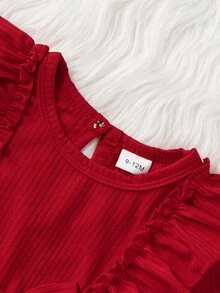 SHEIN Playful Pals Infant Girl Burgundy Ruffle Trim Ribbed Stripe & Snowflake Mesh Patchwork Dress & Headband 2pcs Set - Burgundy - View 4