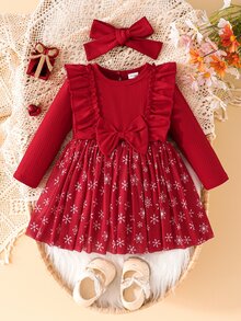 SHEIN Playful Pals Infant Girl Burgundy Ruffle Trim Ribbed Stripe & Snowflake Mesh Patchwork Dress & Headband 2pcs Set - Burgundy - View 3