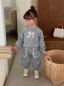 DAZY Infant (Girl) Round Neck Korean Style Long Sleeve Sweatshirt + Casual Long Pants Bowknot Fresh Sweatshirt Set - Grey - View 3