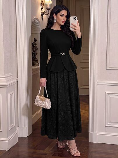 Modelyn Frühling/Herbst elegantes Mode Pendler sanfter Stil Taillen-betonend schlankmachend Spitzen-A-Linien-Rock kaschierend Damen 2-teiliges Set