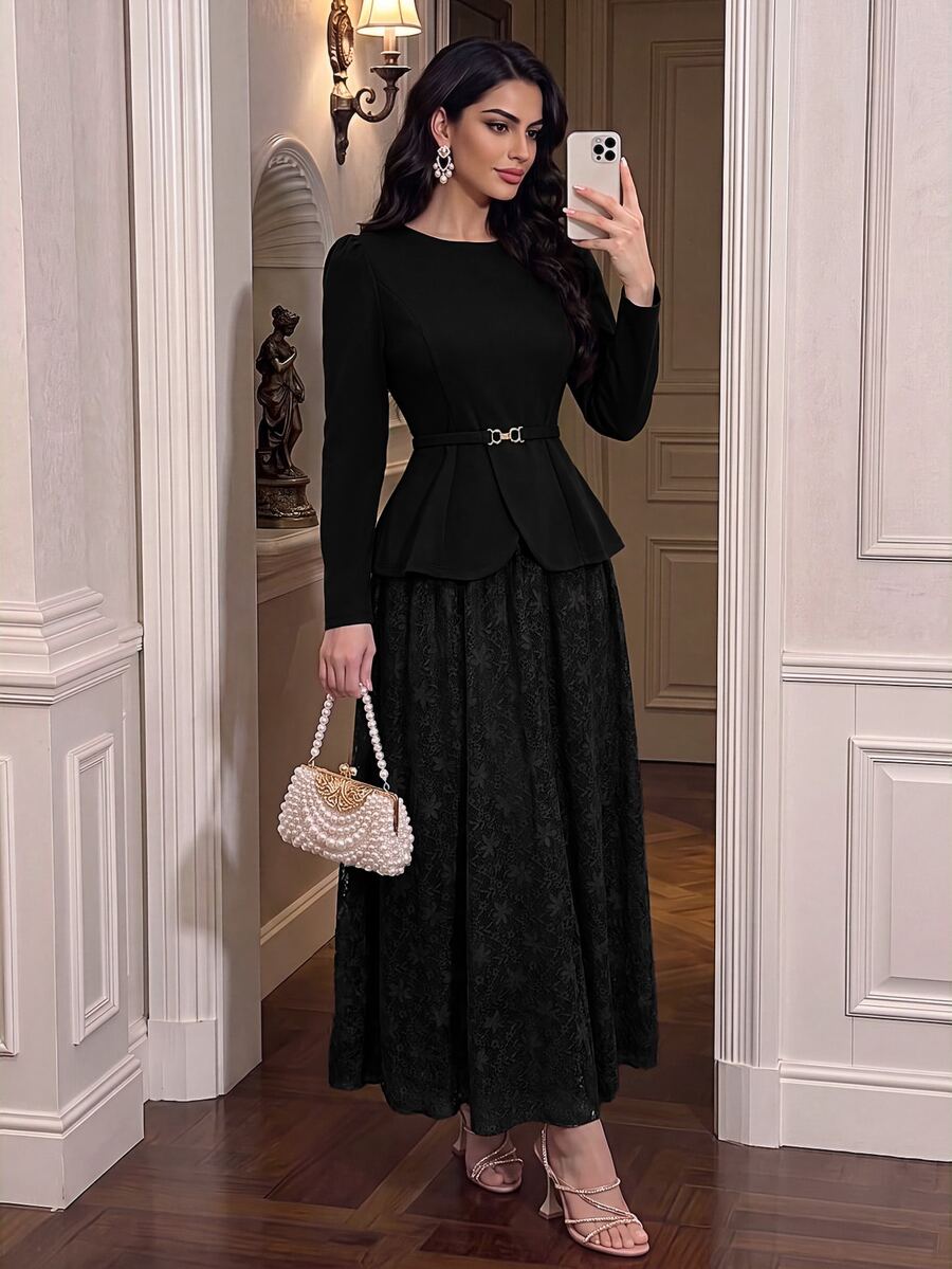 Modelyn 春秋優雅時尚通勤溫柔風 收腰顯瘦蕾絲喇叭裙 遮肉女款兩件套 - 黑色 - 查看 1