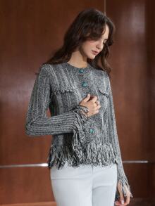 Anewsta Women's Black And White Comfortable Knit Cardigan Top For Autumn - Black and White - View 3