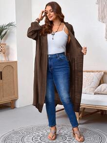 SHEIN Tall CURVE 大尺碼女款秋冬辦公室度假正式晚餐外穿長款開襟大衣，棕色秋季商務休閒寬鬆優雅 - 咖啡棕 - 查看 9