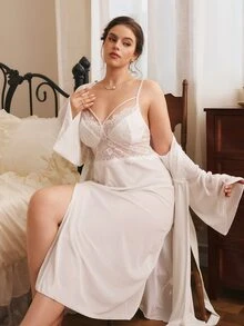 Côtesoire Plus Size Women Solid Color Bell Sleeve Robe And Contrast Lace Camisole Nightgown Elegant Sleepwear Set - White - View 6
