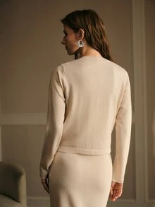 MOTF PREMIUM 1PC WOMEN'S RHINESTONE EMBELLISHED CARDIGAN LONG SLEEVE FAUX POCKET SWEATER, SOFT FABRIC, SUITABLE FOR VARIOUS OCCASIONS, SPRING AUTUMN WINTER WOMEN'S CLOTHING - Apricot - View 3