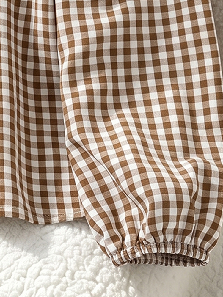 SHEIN Tween Girls Gingham Plaid Ruffle Trim Blouse, Cute Bow Front Long Lantern Sleeve Shirt Sweet Casual Fall Winter Tops - Khaki - View 8