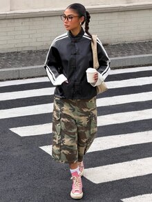 Muchica Women's Fall New Black And White Striped PU Frog Button Design Patchwork Webbing Casual Vintage Street Loose Jacket For Going Out Everyday Daytime - Black - View 5