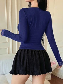DAZY 春/夏修身優雅蕾絲拼接情人節派對白色長袖女款T恤 - 藍色 - 查看 2