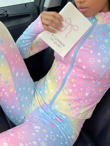SHEIN 青少年女孩星星印花拉鍊長袖運動 Y2K 夾克與緊身褲瑜伽健身套裝 粉色 秋季度假機場穿搭 - 彩色 - 查看 1