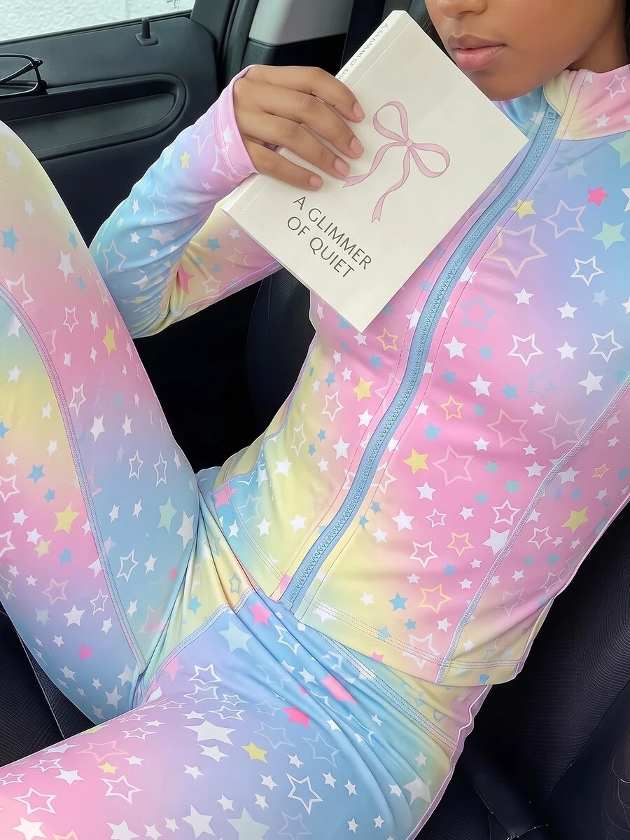 SHEIN 青少年女孩星星印花拉鍊長袖運動 Y2K 夾克與緊身褲瑜伽健身套裝 粉色 秋季度假機場穿搭 - 彩色 - 查看 1