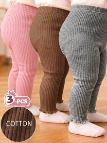 SHEIN Vintaside Kids 3件組女嬰褲 桃紅與白色條紋 秋季休閒度假款 夏季純色棉質褲 簡約甜美風 直筒寬鬆版型 - 彩色 - 查看 1