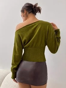 Aloruh 女款秋冬露肩不對稱長袖緊身羅紋深棕色毛衣，適合日常、辦公室、夜晚外出、約會之夜，休閒性感 - 軍綠色 - 查看 2