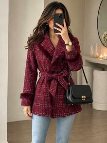 Yalmera Women's Fashionable Versatile Wool Blend Jacket With Waist Tie - Red - View 1