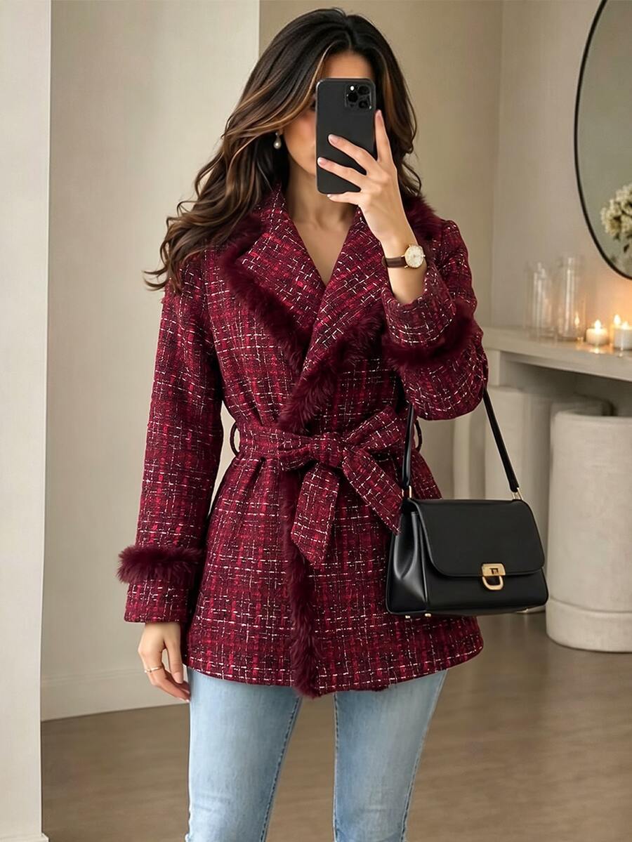 Yalmera Women's Fashionable Versatile Wool Blend Jacket With Waist Tie - Red - View 1