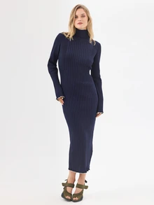 KÆRIA Hus Long Sleeve Ribbed Turtleneck Maxi Knit Dress - Premium Viscose - Navy Tipped - Bodycon, Minimalist - Navy Blue - View 2