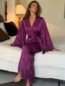 DAZY 2pcs/Set Women's Pajama Set, Tassel Patchwork V-Neck Cardigan Long Sleeve Top And Straight Leg Long Pants - Purple - View 5