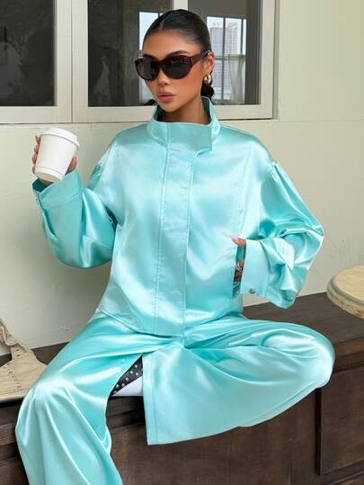 Muchica Women's Solid Color Long Sleeve Top And Pants Casual Daily 2 Pieces Set