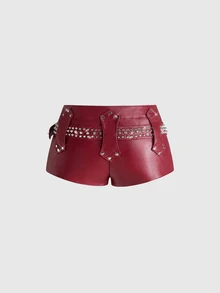 ROMWE Y2K Sexy Punk Hot Girl Rivet Belt Waist Buckle Design Ultra Low Waist PU Shorts - Burgundy - View 2