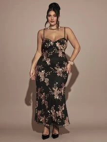 SHEIN BAE CURVE Plus Size Women's Black Sequin Long Spaghetti Strap Tank Dress - Gold - View 4