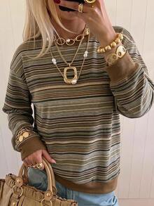 SHEIN EZwear 女款休閒圓領寬鬆條紋運動衫，秋冬服飾 - 白色 - 查看 5