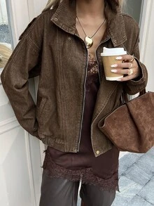 DAZY Women's Zipper Casual Versatile Daily Denim Jacket - Brown - View 6