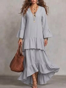 SHEIN Women's Striped V-Neck Casual Party Long Dress - Grey - View 4