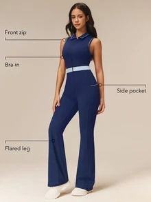 OutZeal One-Piece Women Outdoor Jumpsuit Casual Studio Bra-In Front Half Zip Flared Leg With Pockets - Navy Blue - View 2