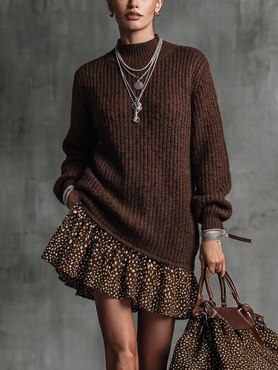 Solivie Women's High Neck Sweater Dress, Deep Burgundy, Hemline Patchwork Woven Polka Dot Print
