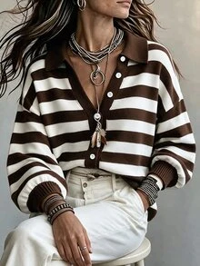 Linhara CURVE Plus Size Women's Striped Drop Shoulder Long Sleeve Single-Breasted Casual Knit Cardigan - Multicolor - View 3