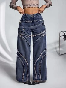SHEIN PETITE Women's Frayed Hem Casual Versatile Everyday Jeans - Blue - View 4