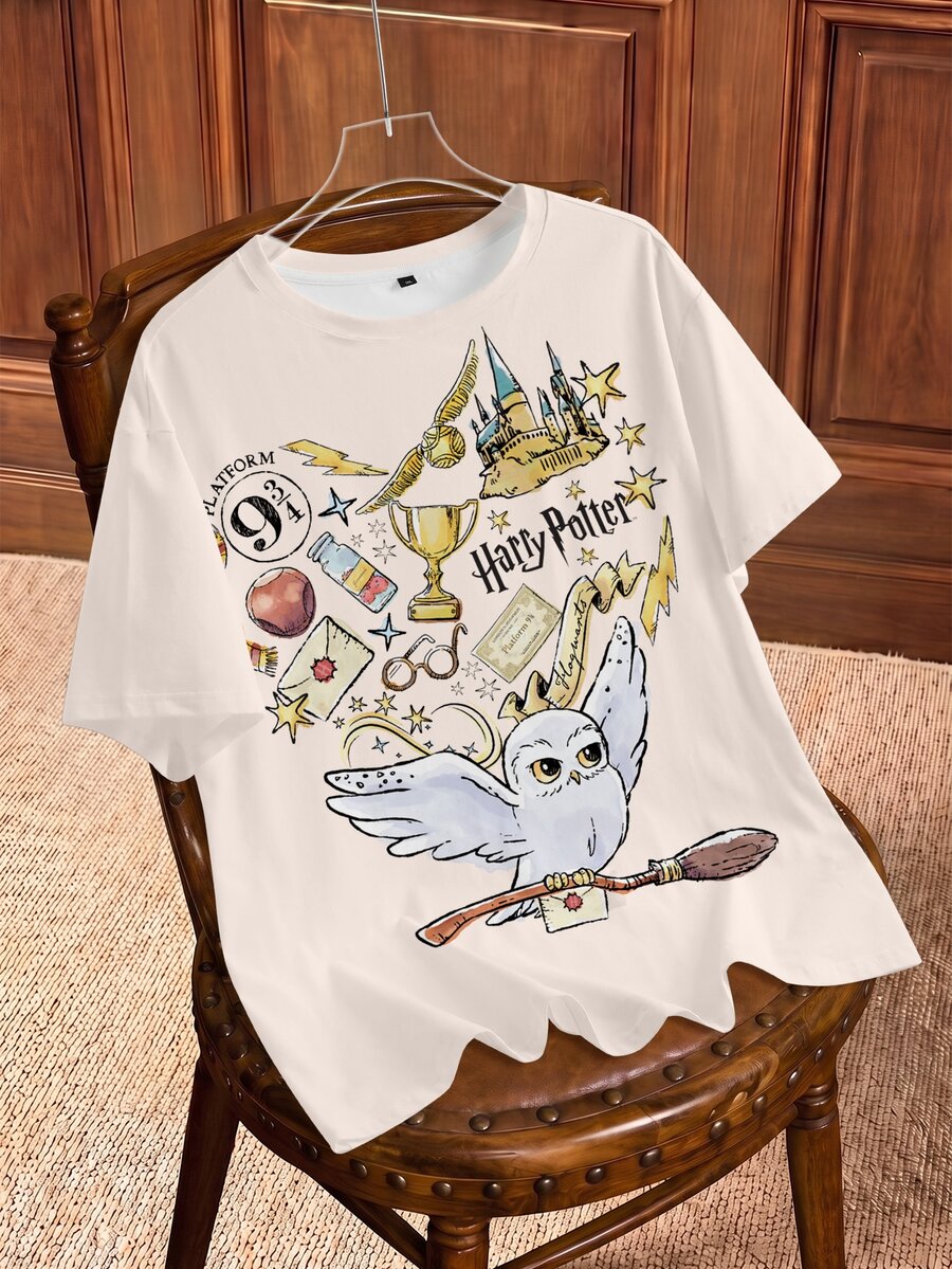 HARRY POTTER X SHEIN 大尺碼女款字母與鷹圖案圓領短袖休閒T恤 - 白色 - 查看 1