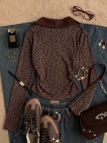 Attitoon 女款 T-shirt 秋季女裝，棕色豹紋 Polo 領學院風返校穿搭，休閒極簡日常百搭派對聚會機場穿搭 Y2K 上衣，秋季穿搭，女款通勤穿搭，百搭上衣，外出穿搭，機場穿搭 - 白色 - 查看 2