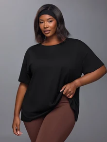 Voyena Women's Plus Size Solid Color Round Neck Short Sleeve Back Cutout Design Sports T-Shirt - Black - View 1