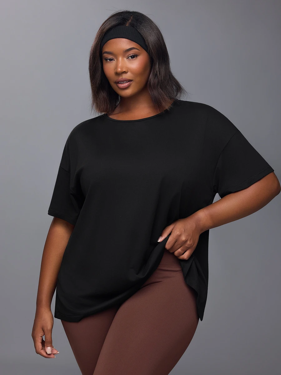 Voyena Women's Plus Size Solid Color Round Neck Short Sleeve Back Cutout Design Sports T-Shirt - Black - View 1