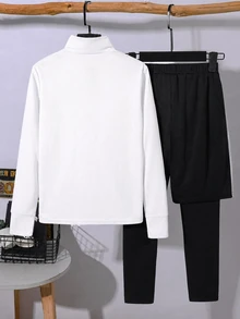 SHEIN 兒童青少年男孩休閒運動立領半拉鍊白色長袖黑色2合1防走光長褲舒適運動服，適合通勤、上學、日常休閒、戶外運動，四季皆宜 - 黑與白 - 查看 5