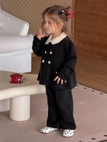 DAZY Infant (Girl) Contrast Color Lapel Long Sleeve Autumn/Winter Sweater Set - Black - View 5