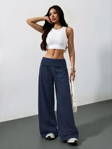 SHEIN Tall CURVE 大尺碼高挑女款灰色針織抓絨抽繩腰鬆身休閒運動長褲，適合秋季畢業季、返校運動穿搭、健身房與辦公室 - 寶藍色 - 查看 4