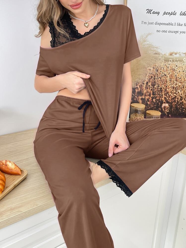 SHEIN Contrast Color Lace Patchwork Asymmetrical Cold Shoulder Casual Short Sleeve Long Pants Pajama Set - Brown - View 1