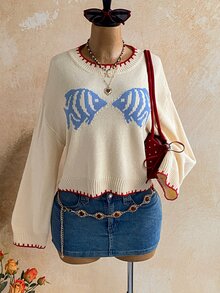 Soleia Women's Fish Pattern Round Neck Drop Shoulder Long Sleeve Casual Sweater - Apricot - View 6