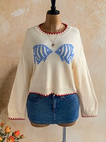Soleia Women's Fish Pattern Round Neck Drop Shoulder Long Sleeve Casual Sweater - Apricot - View 4
