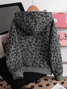 SHEIN 少女女孩針織豹紋圖案連帽開襟運動衫 - 黑色 - 查看 4