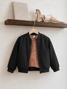 SHEIN 男童燈芯絨抓絨內裡拉鍊棒球夾克加厚外套，超高CP值，適合通勤、上學、日常休閒、大學、旅行、運動，秋冬款 - 黑色 - 查看 5