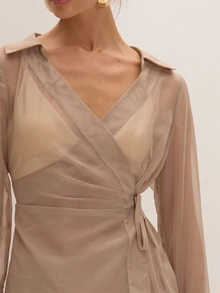 MUSEYN Beige Organza Sheer Tie Shirt Versatile Lounge Everyday Date Night Chic New Season Fall - Khaki - View 5