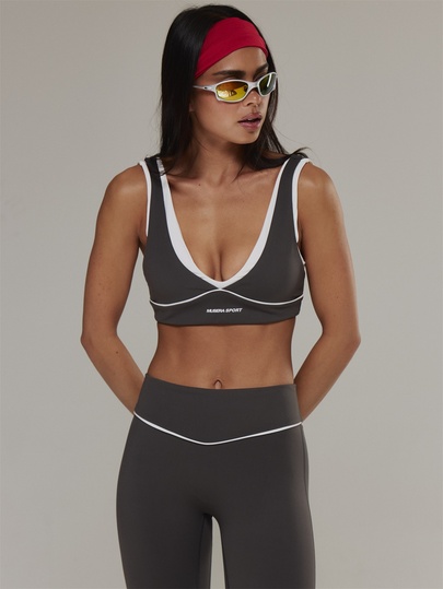 Musera Sport Contrast Piping Double Layered V Plunge Front Sports Coord Bra Active Outdoors Workout Gym Terra Peak