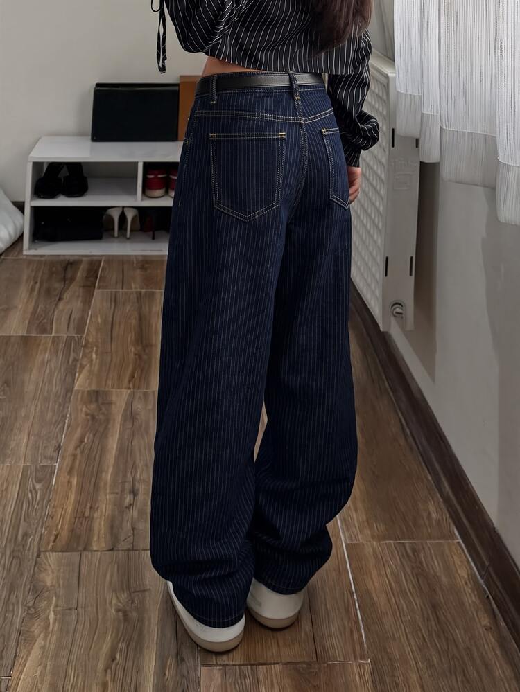 StreetHx Fashion Casual Street Style Striped Low Waist Straight Leg Denim Jeans - Dark Wash - View 2